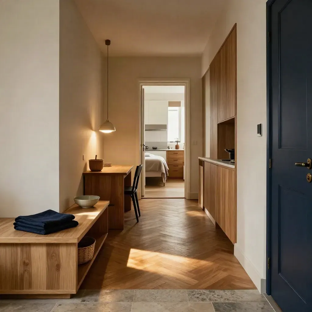 Ingresso di casa arredata con panca scarpe, cucina e porta della camera in luce calda