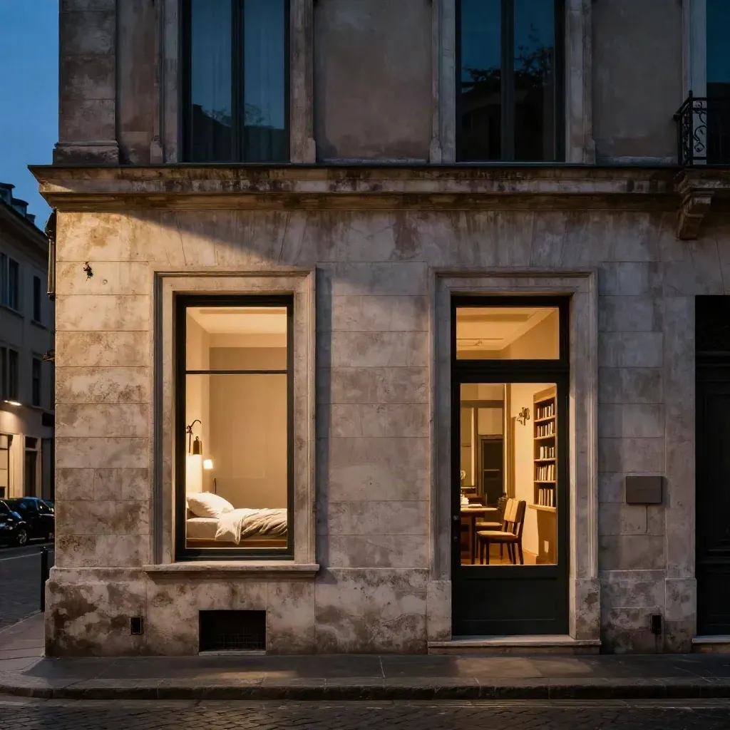Due finestre illuminate su una facciata romana sopra una strada silenziosa