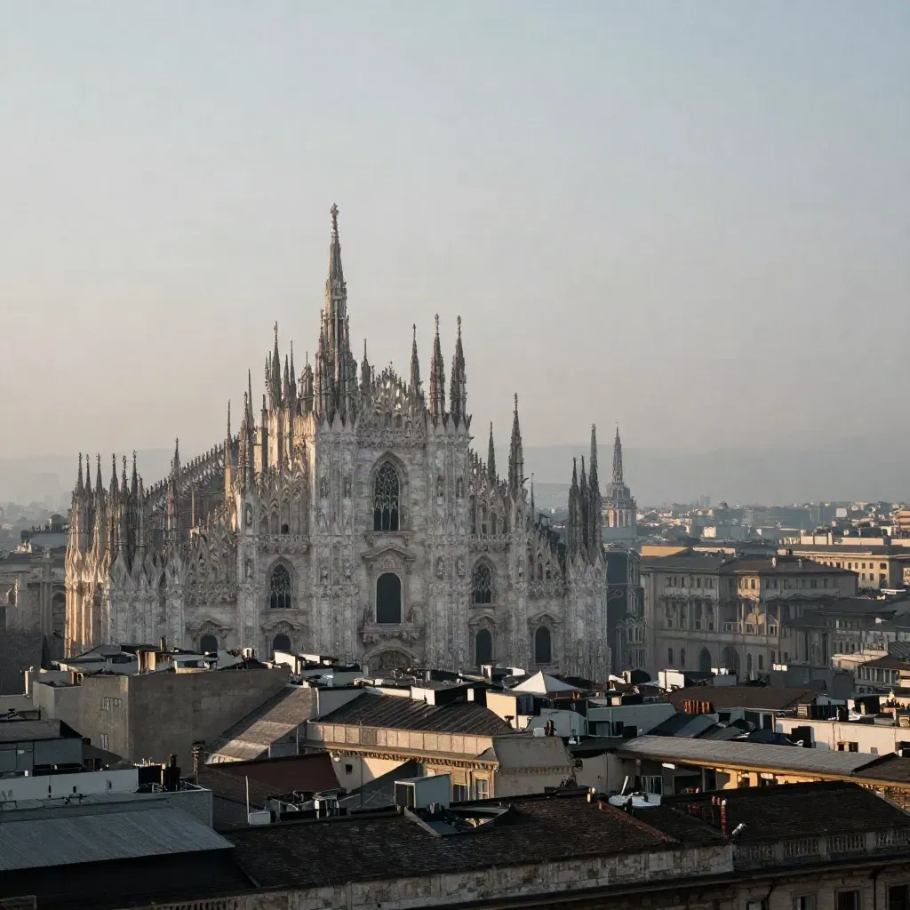 Duomo di Milano avvolto nella nebbia all’alba sopra la città grigia