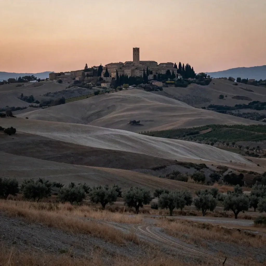 Colline senesi al tramonto con borgo lontano e campi d’ulivi sotto cielo pesca.